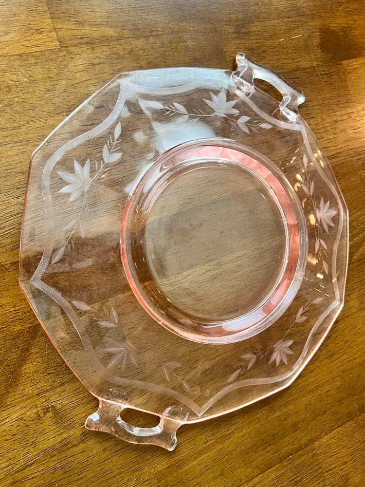 Vintage Pink Glass Double Handle Serving Plate