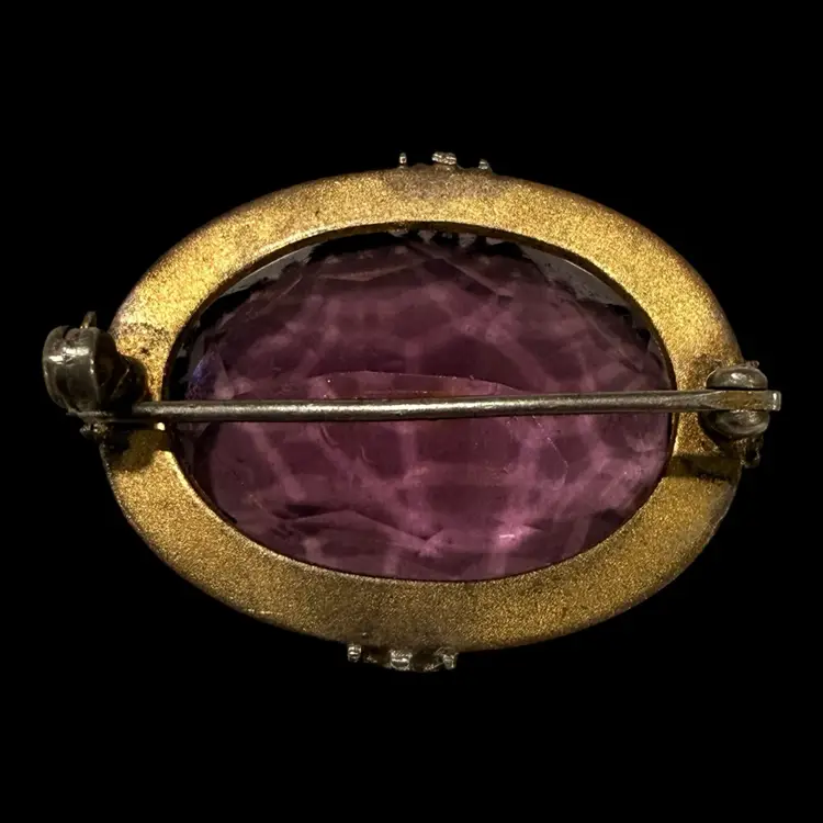 Purple Faceted Glass Rhinestone Brooch 1.25” UV Glow