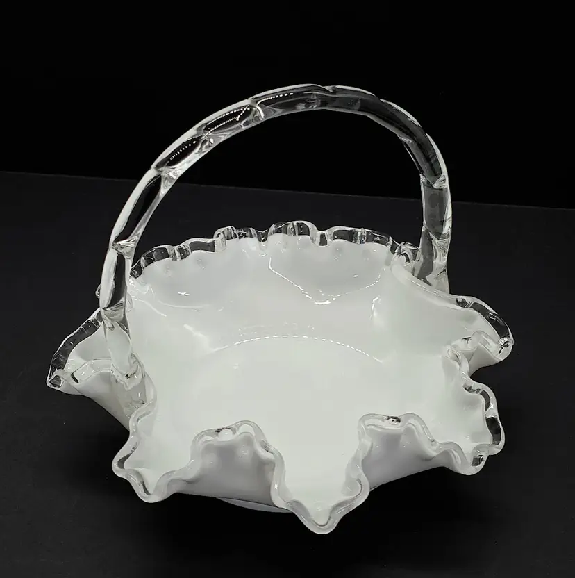 Fenton White Ruffled Silver Crest Basket 8"