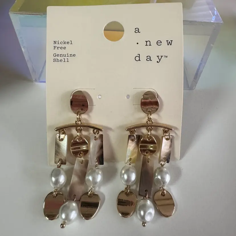 NEW! Post Back Pierced Dangle Earrings About 2.5” Gold Tone Metal Faux Pearl Abalone