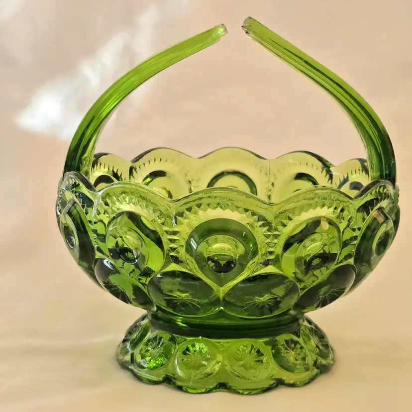Art Glass Moon Stars Green Split Handle Basket Candy Dish LE Smith Vintage 4⅝" Tall