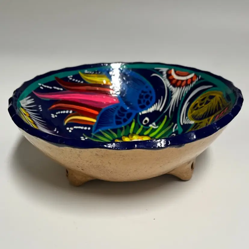 Mexican Folk Art Hand-Painted Footed Bowl – 7.25” Wide, 2.75” High- Talavera-Style- with 3 Birds- No Mark