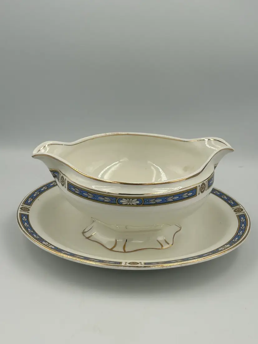 Vintage Gravy Boat Attached To Under Plate W. H.Grindley England, China Blue Floral Band.
