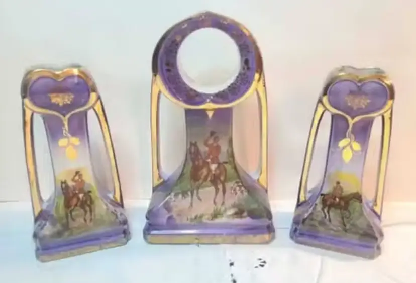 Shaw & Copestake SylvaC Art Nouveau Ceramic Clock and Vase Garniture Set from England; Features a Purple Glaze with Gold Trim and Equestrian Scenes READ