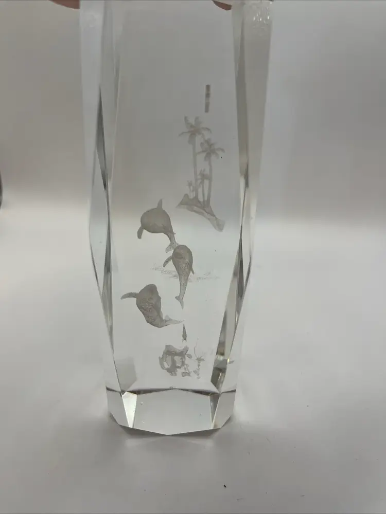 3-D Hologram Laser Cut Etched Crystal Glass Paperweight - Under Sea Dolphins
