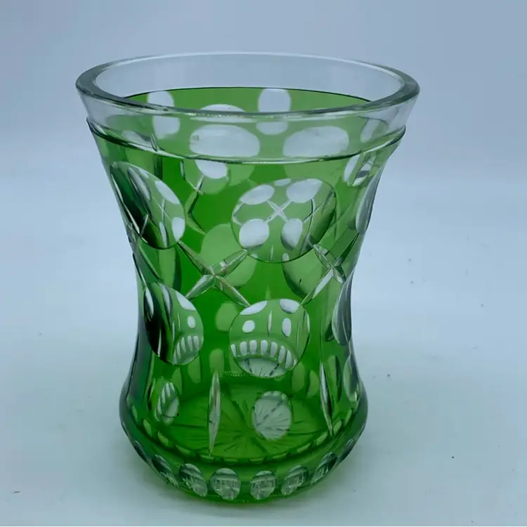 #0320 Antique green over crystal cut glass cup with intricate geometric patterns.