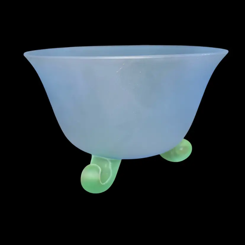 Vintage Blue Satin Glass Bowl On Three Green Snail Feet