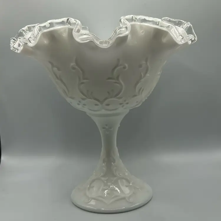 Fenton, silver crest milk, glass pedestal Compote Spanish lace collection