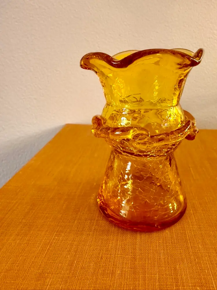 Stunning Vintage Amber Crackle Glass Miniature Vase / Mid-Century Art Glass