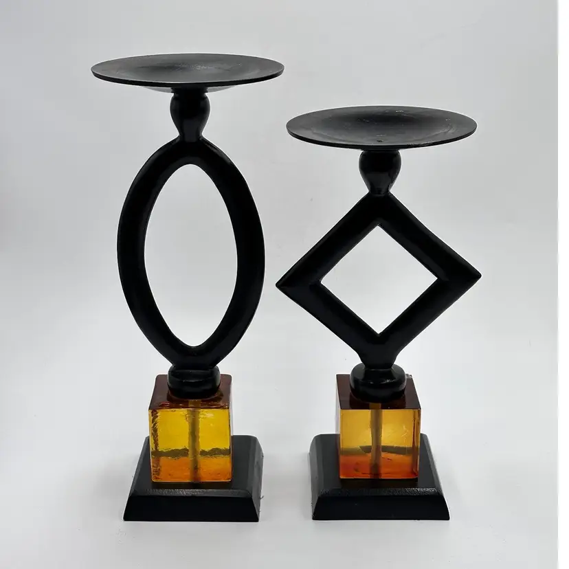 Black Abstract Metal & Flashed Glass Base Set Of Two Pillar Candle Stands AS IS