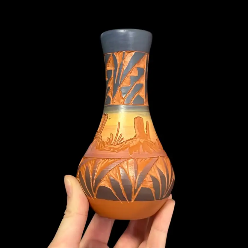 Red Earth Pottery Signed Native American Carved Vase, Made In Colorado