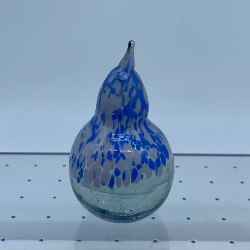 #0018 Guernsey Glass UK blue and Pink On Clear splatter art glass mini paperweight pear 3” Tall x 1.5” Wide