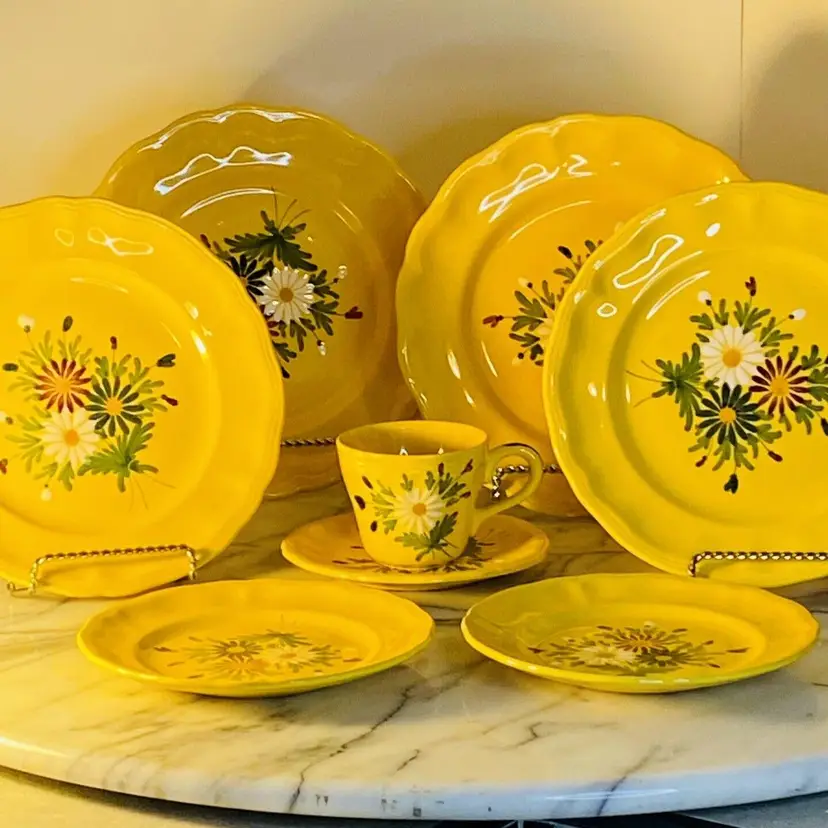 #1521 French Provincial Yellow St Clement Faience Floral Hand Painted Set 8 pieces