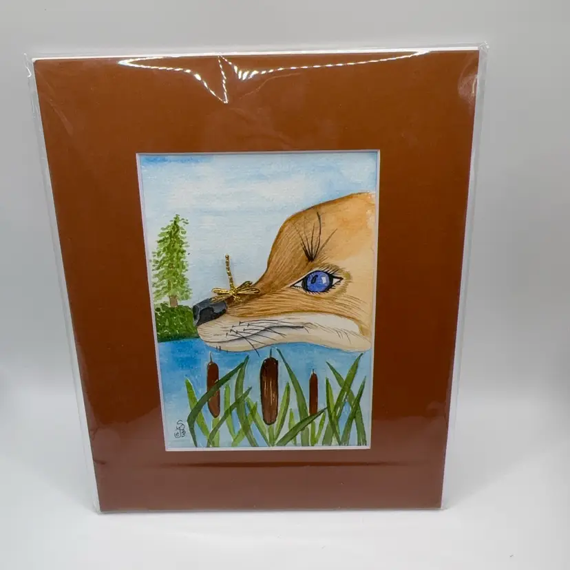Original Watercolor Fox And Cat Tails With Repurposed Dragon Fly On His Nose
