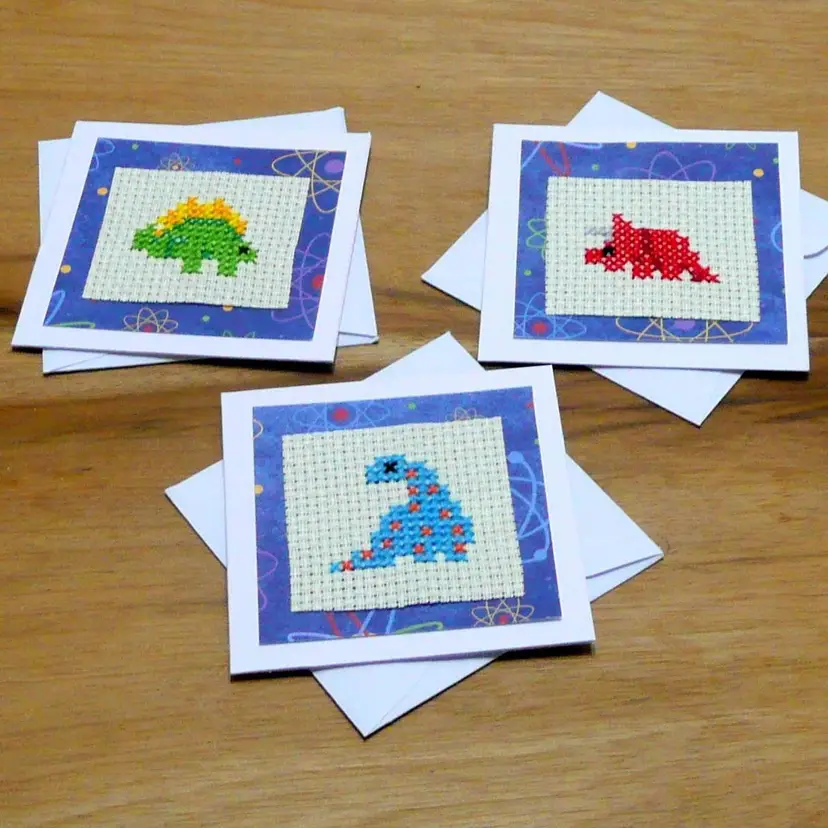 Cross Stitch Dinosaurs Kid Theme Blank Gift Tags Note Cards 3.25" x 3.25"