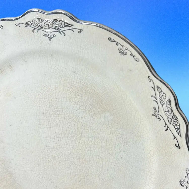 Vintage Homer Laughlin "Virginia Rose" serving plate. 1948 Made In USA Ivory With Silver Edge With Ruffled Edge.beautiful Crazing Will Make A Perfect Wall Gallery Plate