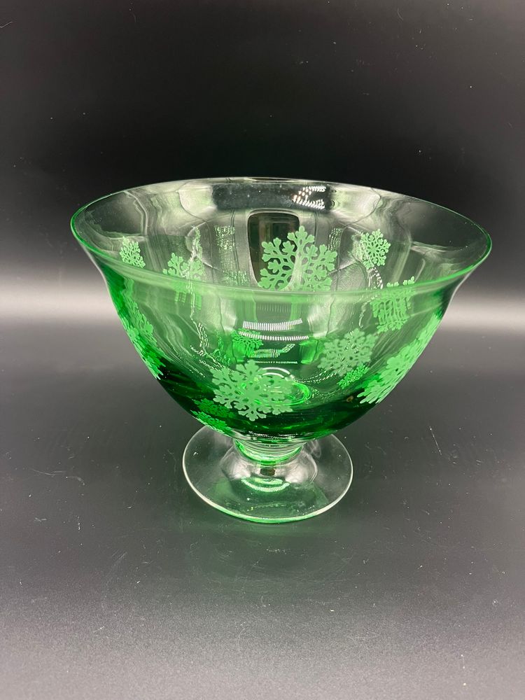 Vintage FTD Green Glass Footed Compote Candy Dish - Frosted Snowflake Christmas