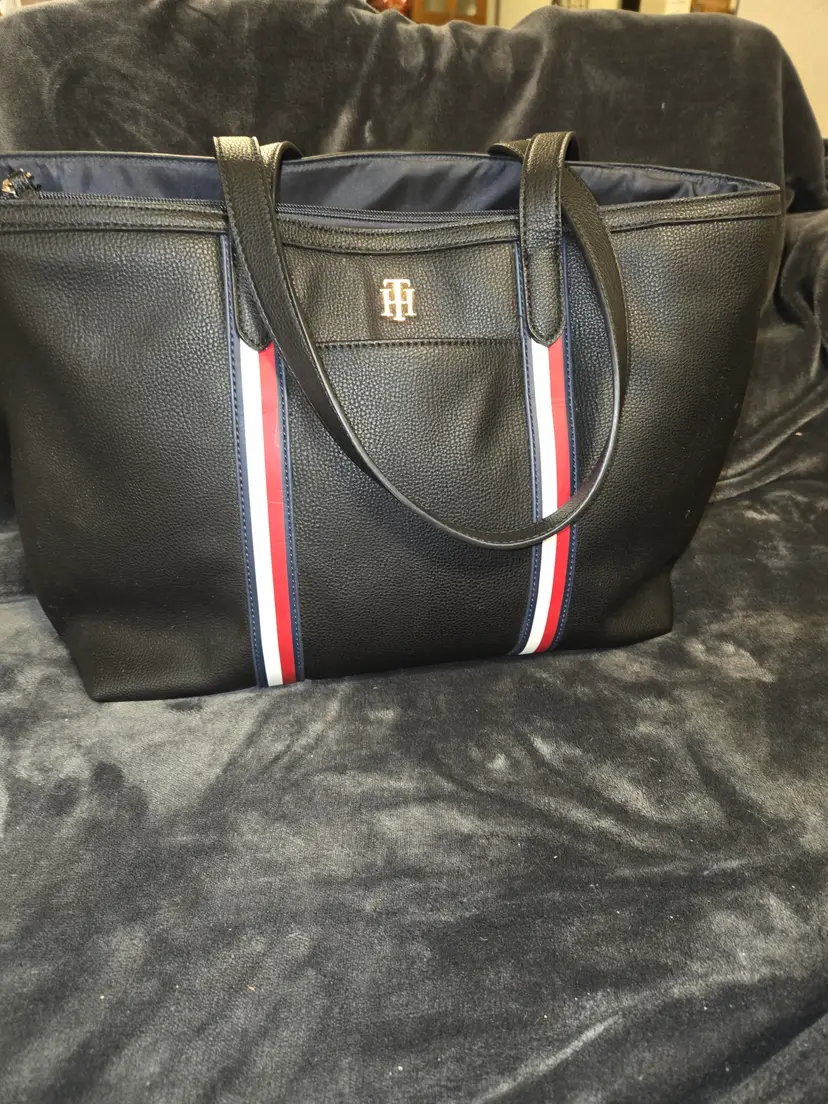 Tommy Hilfiger Black Tote Bag - Red White Blue Stripes, TH Logo, Gold Hardware