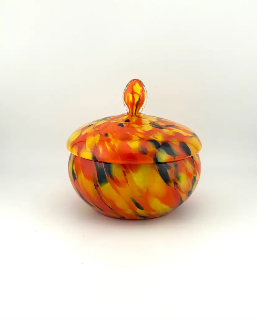 Vintage Czech Orange Yellow and Blue Splatter Glass Lidded Dish 4.5”x 4.5”