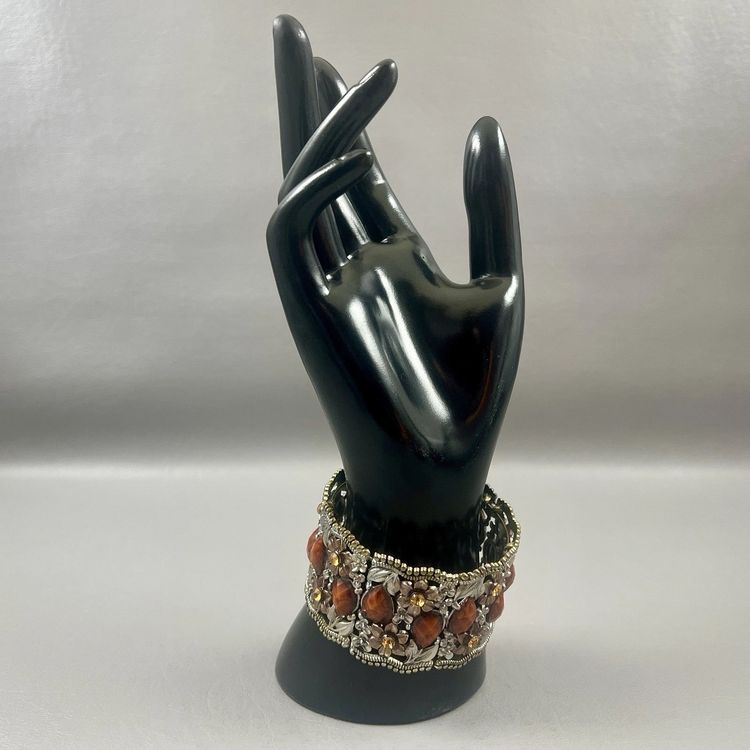 Ornate Silver Tone Wide Cuff Bracelet Amber Faceted Rhinestones Flowers 2.5"