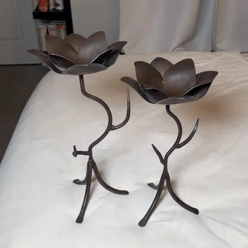Set of 2 Vintage Metal Lotus Flower Candle Holders - Sculptural Decor