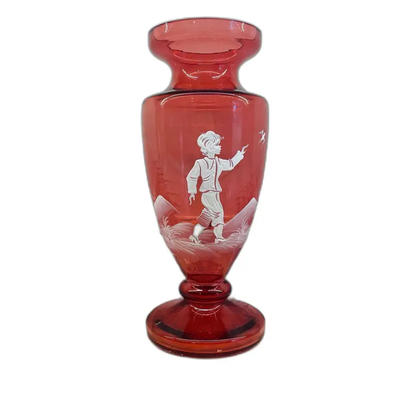 Fenton Cranberry Glass Enamel Design Boy Bird Trees Mary Gregory 10" Footed Vase