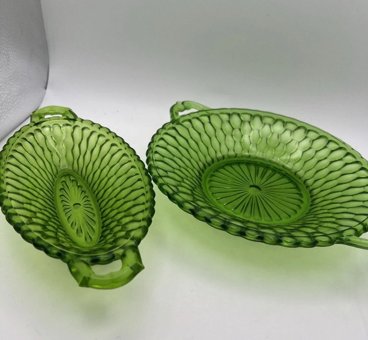 Indiana Glass 1960s Lot 2 Honeycomb Pattern Green Oval Handled Dish/Pickle Dish