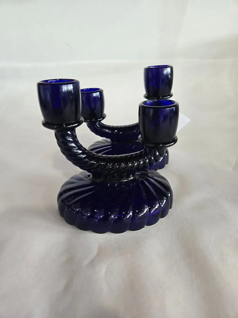 Vintage Imperial Glass Cobalt Blue Double Candlestick Holder- Set of 2