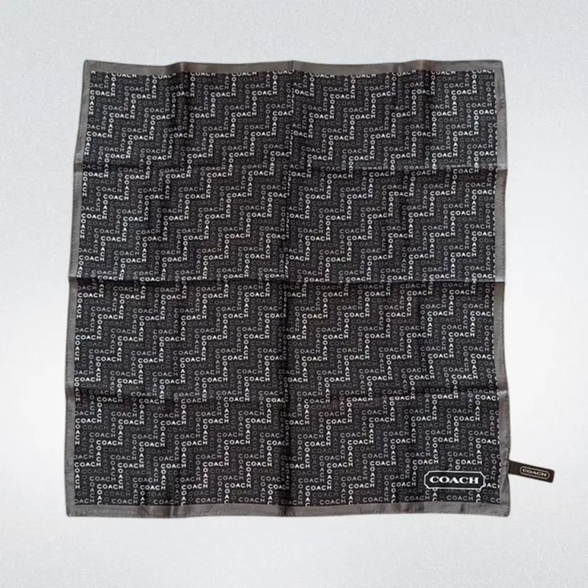 Vintage Coach Black & Grey Silk Signature Logo Head Scarf / Bandana 21” Square