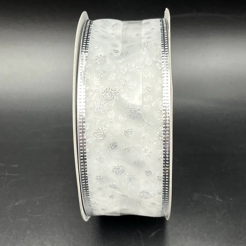 Wired Edge Ribbon 2" x 75' (25 yds) Metallic Glitter Silver Polka Dot Pattern
