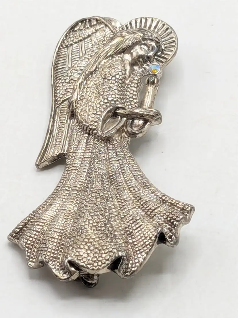 Silver Tone Textured Angel Brooch with Rhinestone Accent