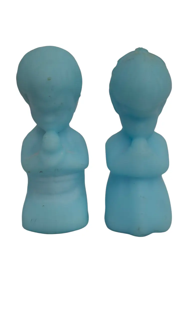 Fenton Blue Satin Praying Children Figurines • Boy & Girl Pair • Vintage Fenton Glass • Nursery Shelf Décor