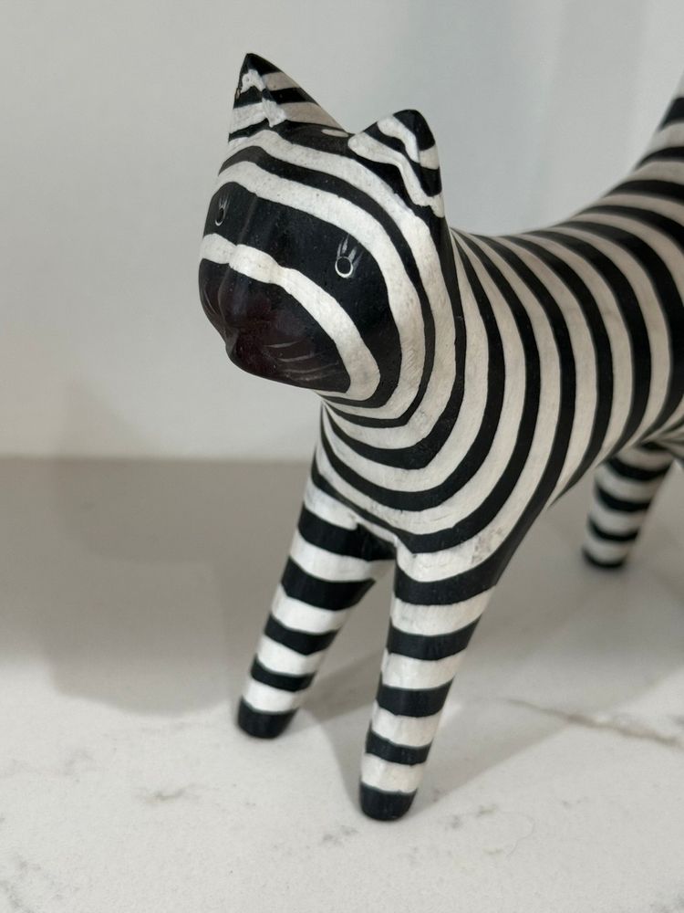 Hand Carved Wooden Zebra Black Cat 12”