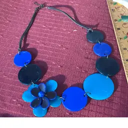 #01 - 1980s flower and flat disc necklace on a rope with Silvertone lobster class and 3 inch extension