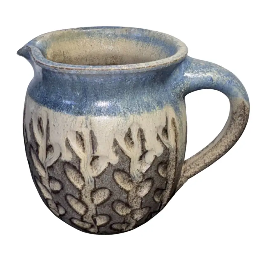 Pottery Studio Art Blue Signed 4” Tall Etched creamer Textured Vintage Very Good Condition