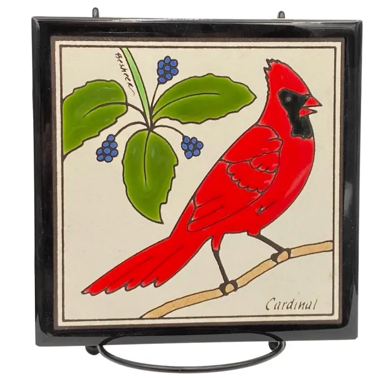 Besheer Cardinal and Berries Ceramic Art Tile, Hand Painted and Signed, 6” x 6”