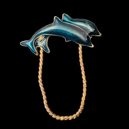 Teal Enamel Double Dolphin Brooch with Gold-Tone Swag Chain