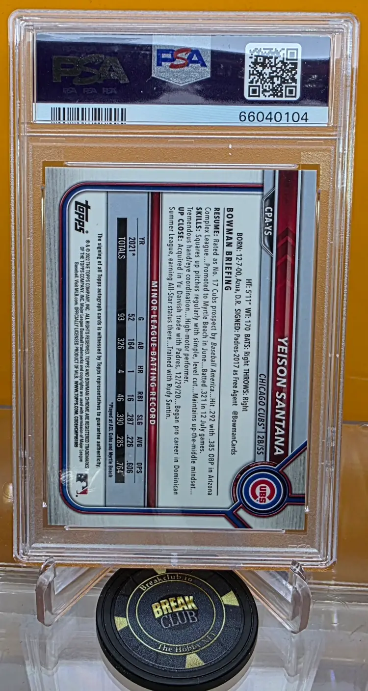 Yeison Santana 2022 Bowman Chrome 1st Auto PSA Graded Gem Mint 10 Chicago Cubs