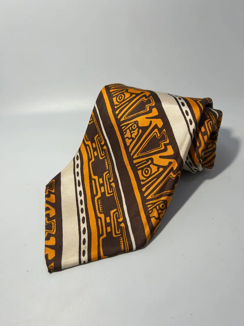 Vintage J.Riggings Extra Wide Orange Brown White Design Tie All Silk 57" x 4.75"