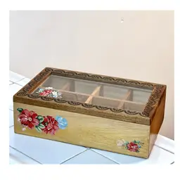 The Pioneer Woman Wooden 8 Compartment Tea Box Organizer Floral Pattern 12.2x7.2x3.5 in