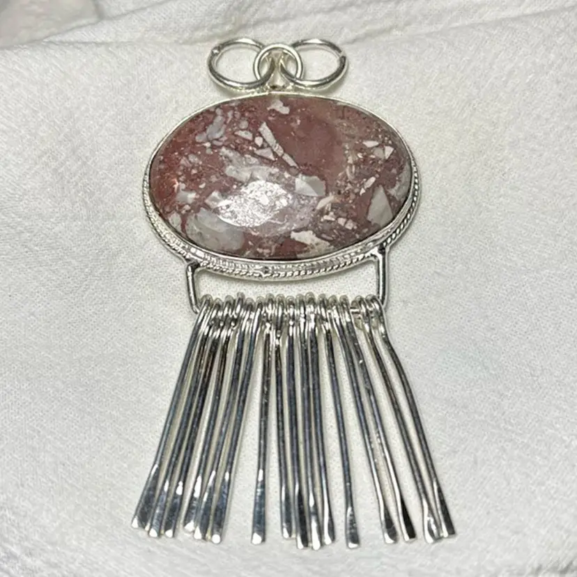 Sterling Silver Jasper Cabochon Pendant - Open Work Wild Rose Brooch - 1.75” X 3”