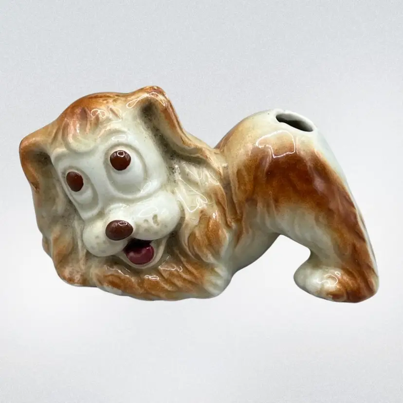 Glazed Ceramic Kitschy Puppy Dog Bud Vase Air Plant Holder Or Pen Holder 4”
