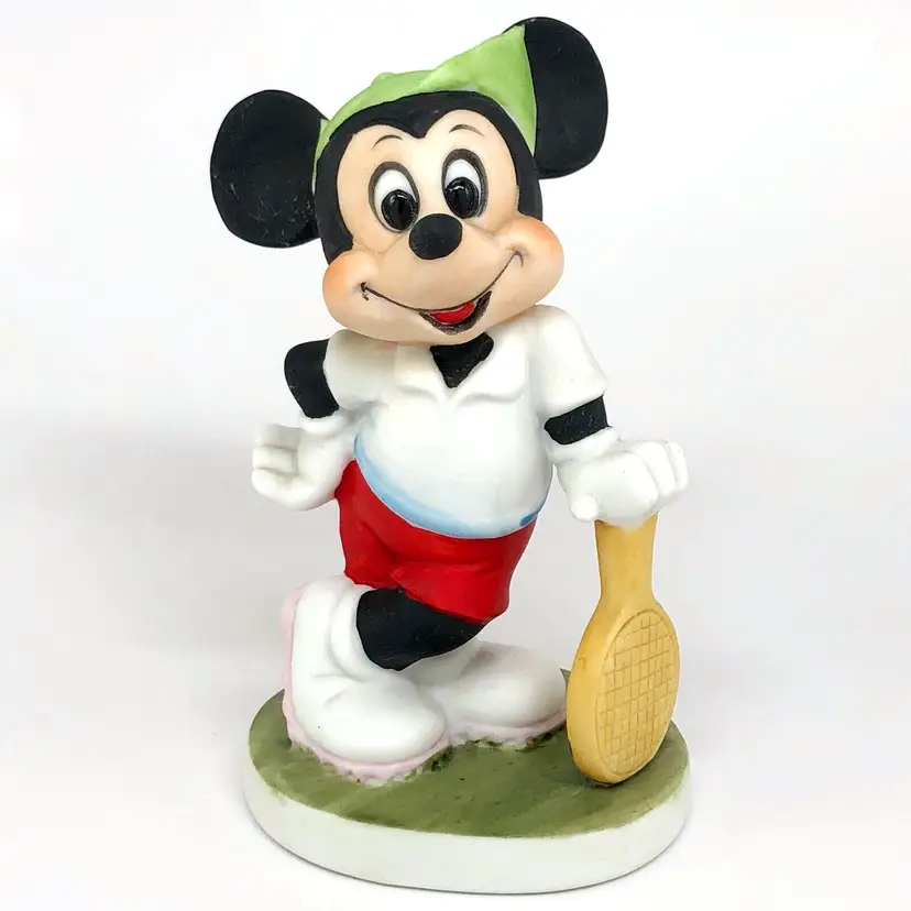 Walt Disney Productions, Mickey Mouse Tennis Player Figurine, Hand-Painted Bisque Porcelain, Vintage Made in Korea