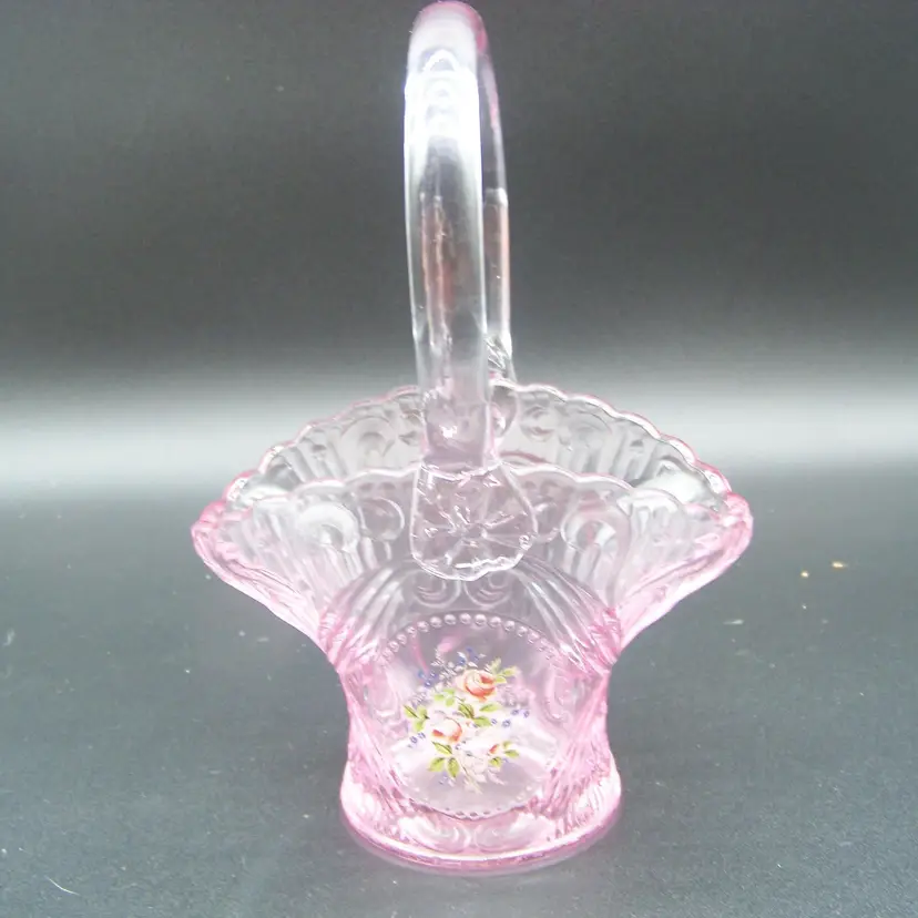 Vintage L E Smith Pink Bride's Basket with Fused Clear Handle