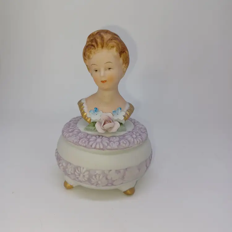 Vintage Ucagco Japan Bisque Porcelain Victorian Trinket Lady Head Jewelry Box Bisque porcelain trinket box