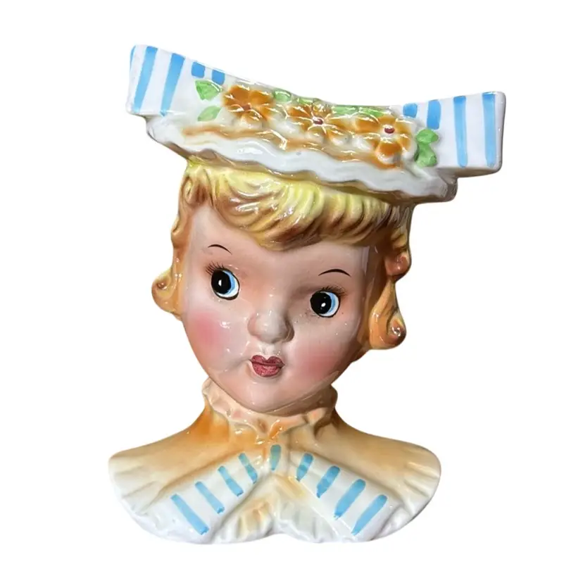 Lipper & Mann Lady Head Vase With Floral Hat - 6.5” Tall X 5” Wide