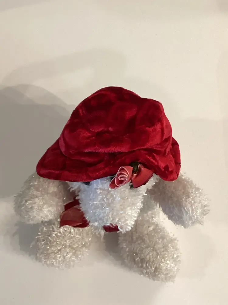 Vintage Dan Dee Red Hat w/Roses White Teddy Bear 8" Plush Stuffed Animal Toy