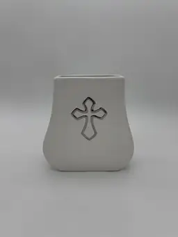 FTD Faithful Blessings Flower Vase White With Silver Cross Medallion Vintage