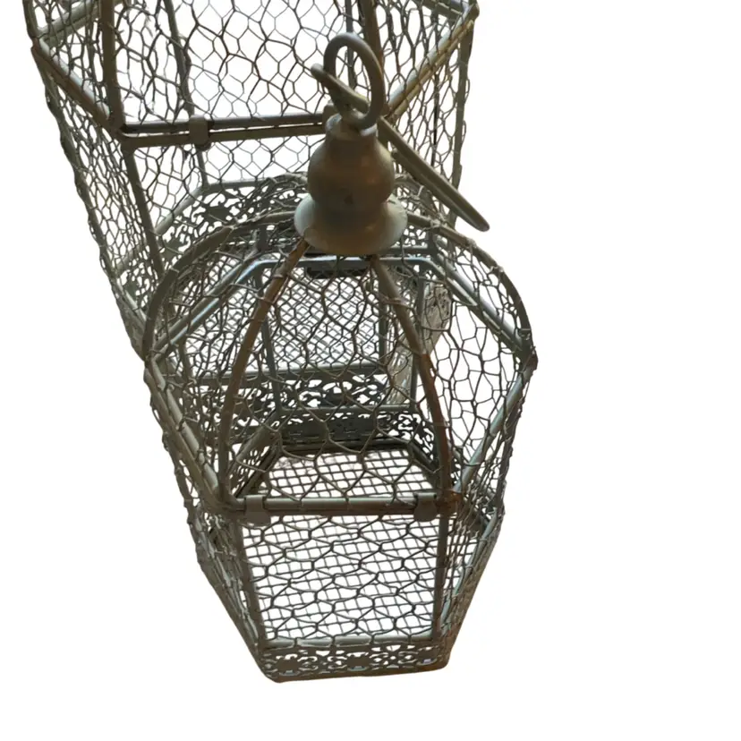 Vintage Pair 8.5” & 13” Wire Mesh Green Birdcage Decor Hanger