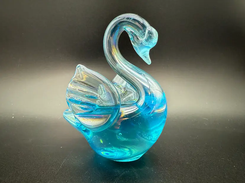 Art Glass Swan Blue Iridescent Made in Taiwan